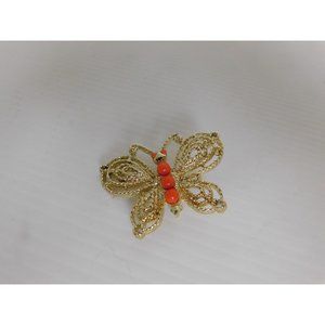 Small Vintage Gold and Orange Butterfly Brooch Pin